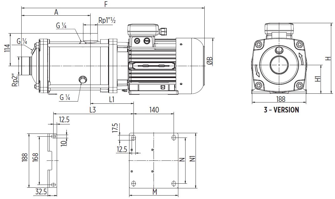 EH20 Horizontal multistage pump Dimensions three phase